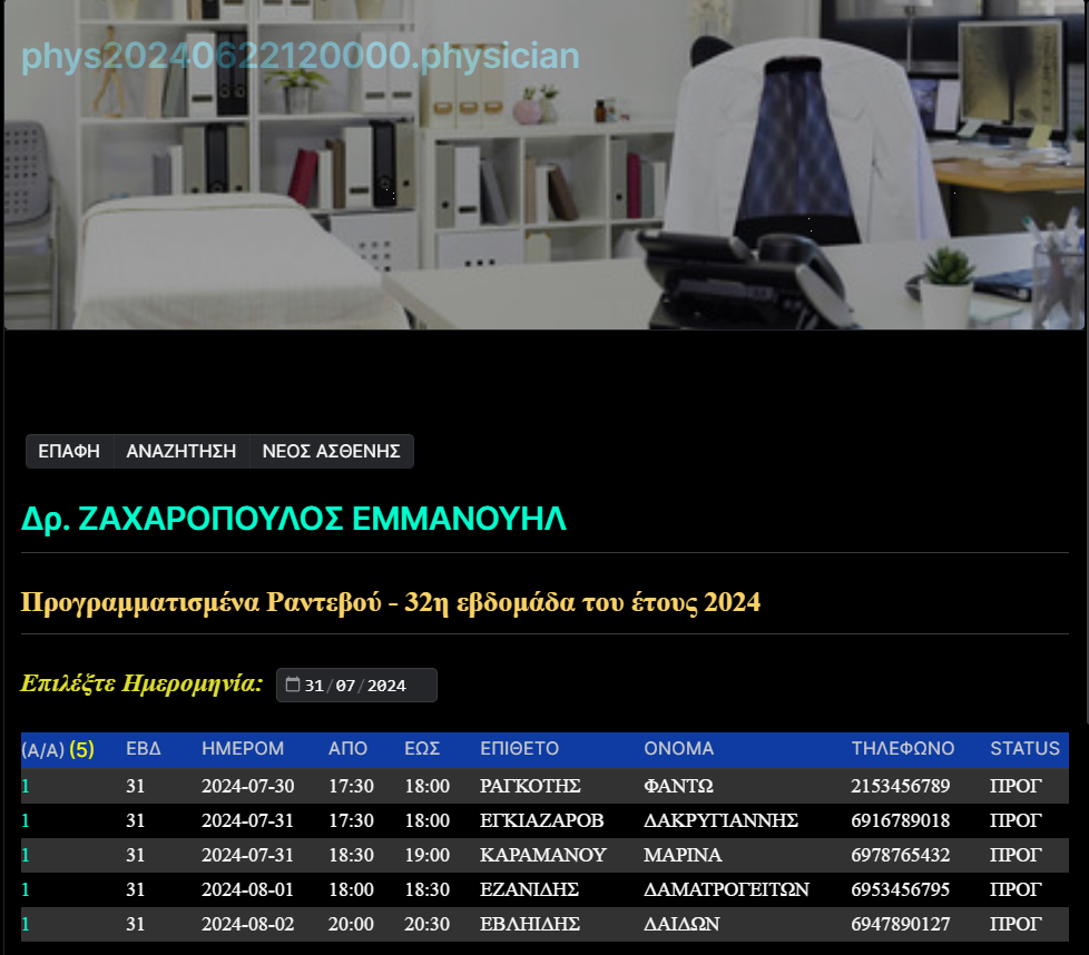 Fig.7: Δυναμική προβολή των προγραμματισμένων ραντεβού ενός ιατρού σύμφωνα με την τρέχουσα εβδομάδα του έτους