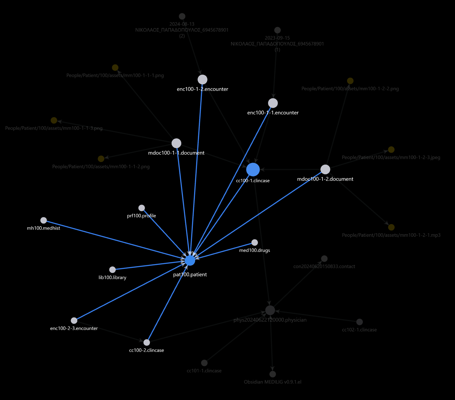 Fig. 5: Αναπαράσταση του φακέλου ασθενούς με γράφο δικτύου. Ο φάκελος ασθενούς συνοπτικά (pat100.patient) και τα διασυνδεδεμένα αρχεία του φακέλου ασθενούς με τις εισερχόμενες ακμές που αναπαριστάνουν φάρμακα, ιατρικό ιστορικό, επισκέψεις, κλινικά περιστατικά και ιατρικά έγγραφα. Στο βάθος αχνά διαφαίνονται άλλοι κόμβοι που και αυτοί συνδέονται στα αρχεία του φακέλου ασθενούς και αναπαριστάνουν ραντεβού, τον ιατρό, την γραμματέα, επαφές, αρχειά πολυμέσων μέσα στα ιατρικά έγγραφα
