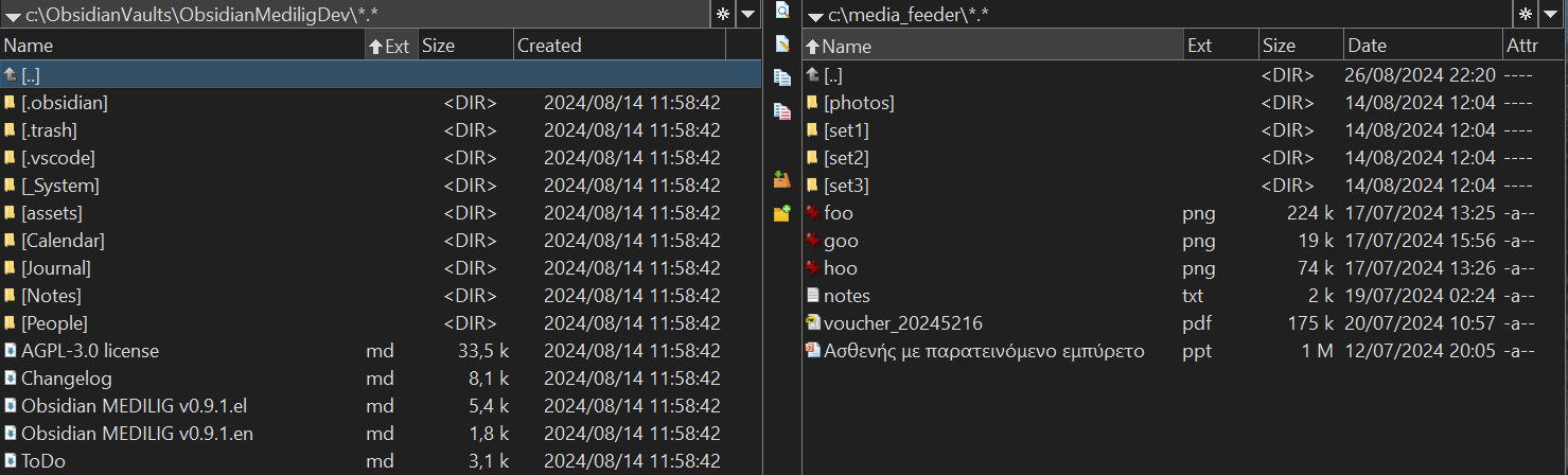 Fig. 4: Στα αριστερά η τοποθεσία του ObsidianMedilig vault, στα δεξιά το media_feeder με τρεις εικόνες png, ένα αρχείο pdf, ένα αρχείο ppt και ένα txt αρχείο. Υπάρχουν και folders τα οποία το σύστημα δεν τα λαμβάνει υπόψη κατά την μεταφορά αρχείων
