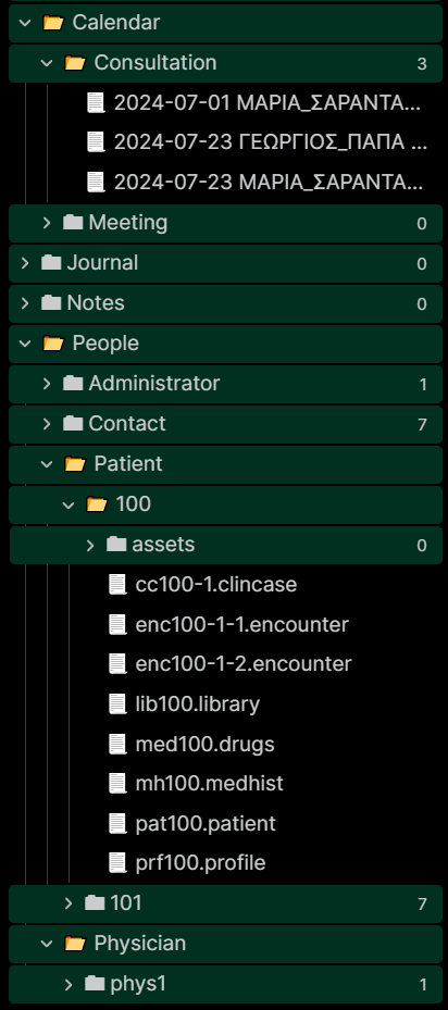 Fig.3: Η εικόνα δείχνει φακέλους και αρχεία που αντιστοιχούν στα προγραμματισμένα ραντεβού των ασθενών (Consultation), στον φάκελο ασθενούς Patient/100 με ένα κλινικό περιστατικό (.clincase) δύο επισκέψεις (.encounter), τα φάρμακα (.drugs), κλπ