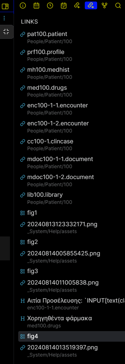 Fig. 5: Εμφάνιση των εξερχομένων συνδέσεων του παρόντος αρχείου, υπάρχουν αναφορές (εξωτερικοί σύνδεσμοι) σε εικόνες, σε αρχεία του συγκεκριμένου φακέλου ασθενούς, καθώς και σε δύο τμήματα με επικεφαλίδες άλλων αρχείων